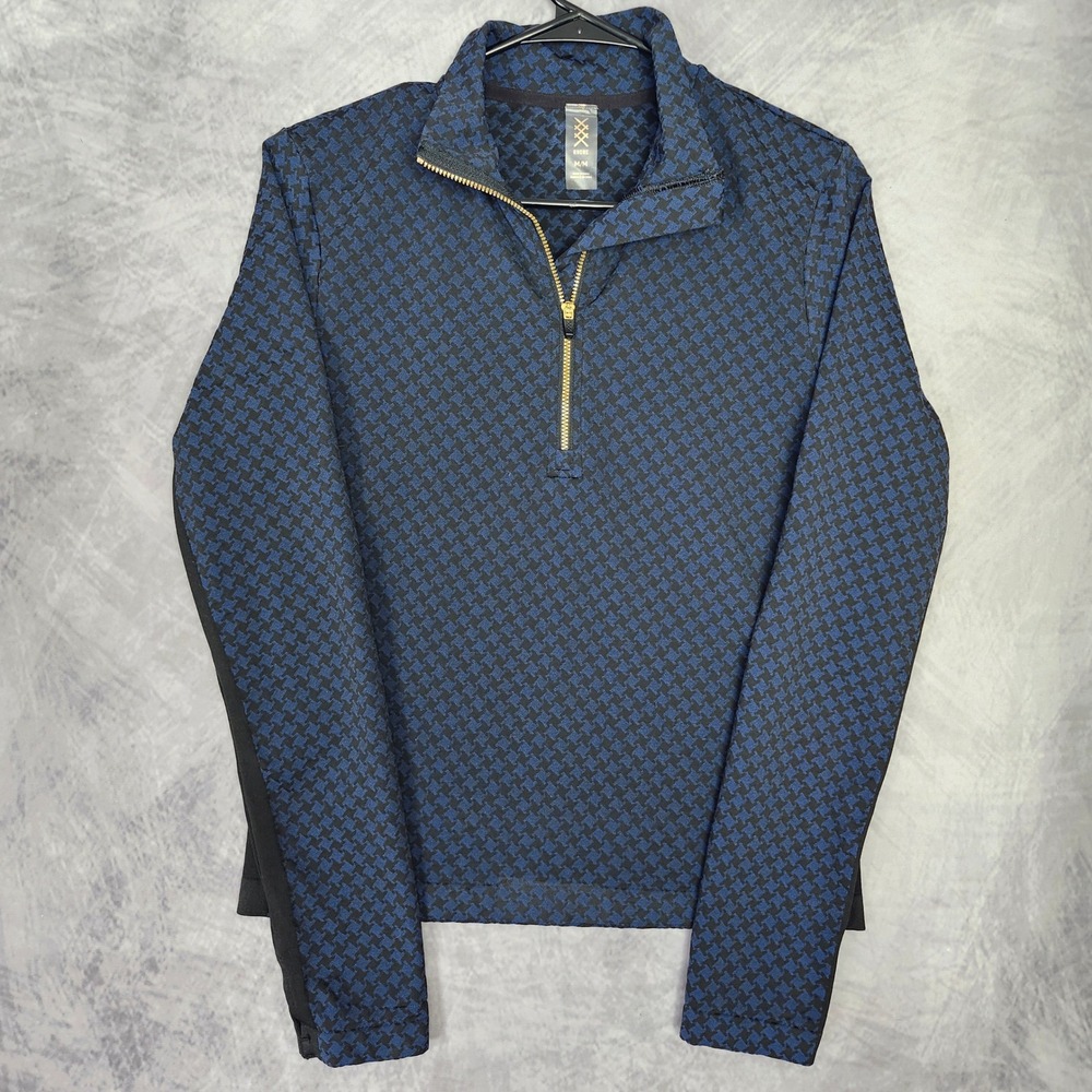 Rhone Après Houndstooth Seamless 1/4 Zip Pullover Navy Gold Zipper Top Medium